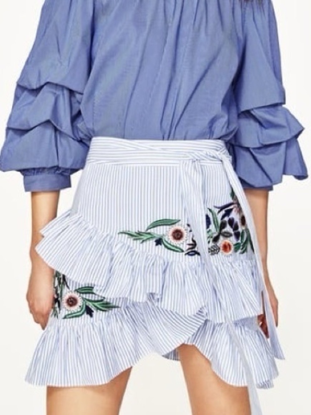 Zara Light Blue and White Striped Tiered Skirt with Floral Embroidery